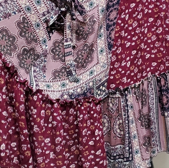 BOHO Anthropologie GiGiO USA Wine Floral Mixed Print Surplice V-neck Dress Small - Picture 12 of 14